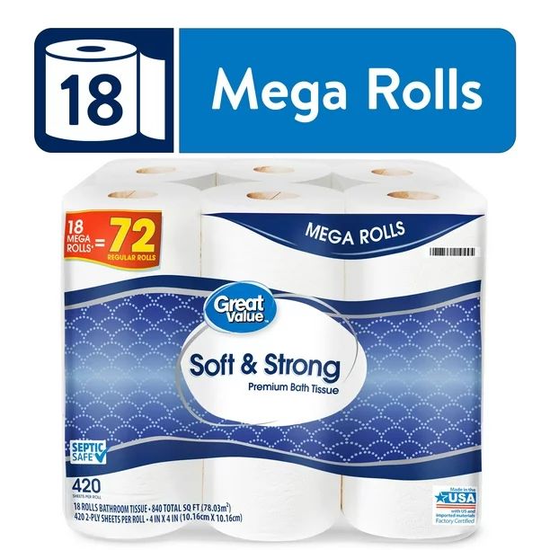 Great Value Soft & Strong Premium Toilet Paper, 18 Mega Rolls - Walmart.com | Walmart (US)