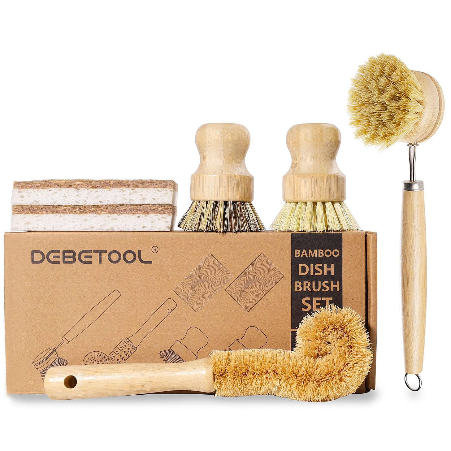 6 Piece Bamboo Dish Brush Set with Coconut Sponge - Wooden Dish Brush with Sisal and Palm Fiber, ... | Amazon (US)