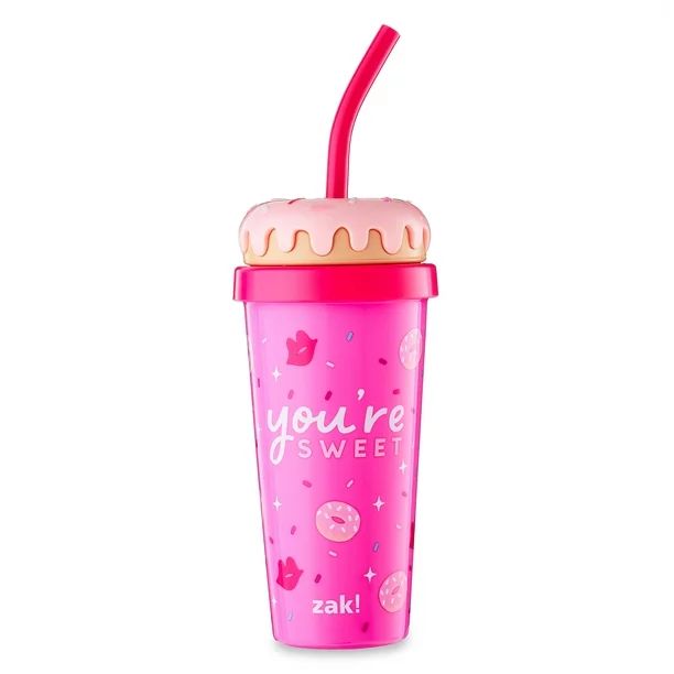Zak Designs Valentines Day 18 ounce Reusable Plastic Tumbler with Straw and Sculpted Lid, Donut -... | Walmart (US)