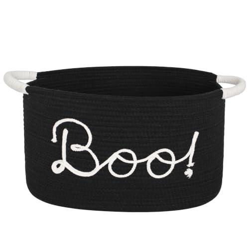 HONCESTA Boo Basket for Halloween, 15"x11"x9" Cute Halloween Empty Gift Spooky Boo Basket for Women, Baby, Men, Teacher, Teen, Decorative Woven Storage Bin with Cotton Rope "Boo" Lettering, Black | Amazon (US)