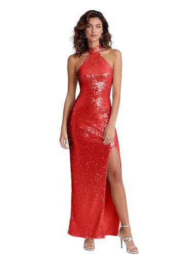 BanquetPartner Red Sequin Dress Women's Bridesmaid Dress Long Ball Gowns for Women Formal Prom Wedding Guest Dresses for Women with Slit Halter Fishtail Maxi Evening Gowns Us4 | Amazon (US)