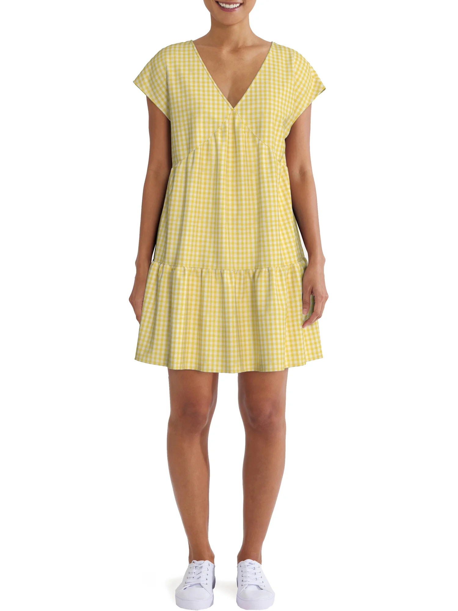 Time and Tru Women's Short Sleeve Woven V-Neck Dress | Walmart (US)