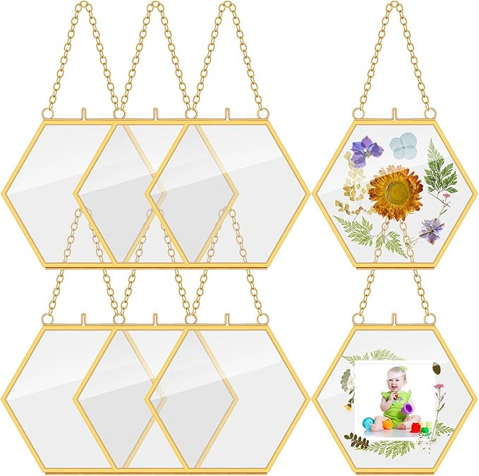 8 Pieces Hanging Gold Glass Floating Frame 4 x 3 Inch Pressed Flower Glass Picture Frame Double P... | Amazon (US)