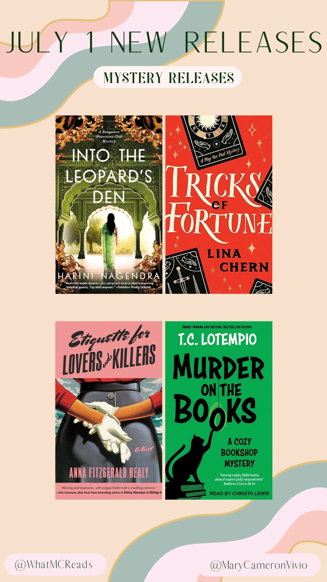 🕵🏽‍♀️ July 1 Mystery Releases You’ll Obsess Over! 🕵🏽‍♀️

Twisted clues, dark secrets, and jaw-dropping reveals - these brand new mystery reads will have you second-guessing everyone. 📚

🫆 Into the Leopard’s Den - Harini Nagendra
🫆 Tricks of Fortune - Lina Chern
🫆 Etiquette for Lovers and Killers - Anna Fitzgerald Healy
🫆 Murder on the Books - T. C. Lotempio

If you love amateur sleuths, small-town scandals, or locked-room puzzles, these July 1 picks belong on your TBR stack ASAP.

#newbookreleases #mysterybooks #whodunit New book releases, mystery books, whodunit, July book releases, TBR list, book recommendations, mystery reads, crime fiction, cozy mystery, page turners #julybookreleases #tbrlist #bookrecommendations #mysteryreads #crimefiction #cozymystery #pageturners



#LTKSaleAlert #LTKHome #LTKFindsUnder50
