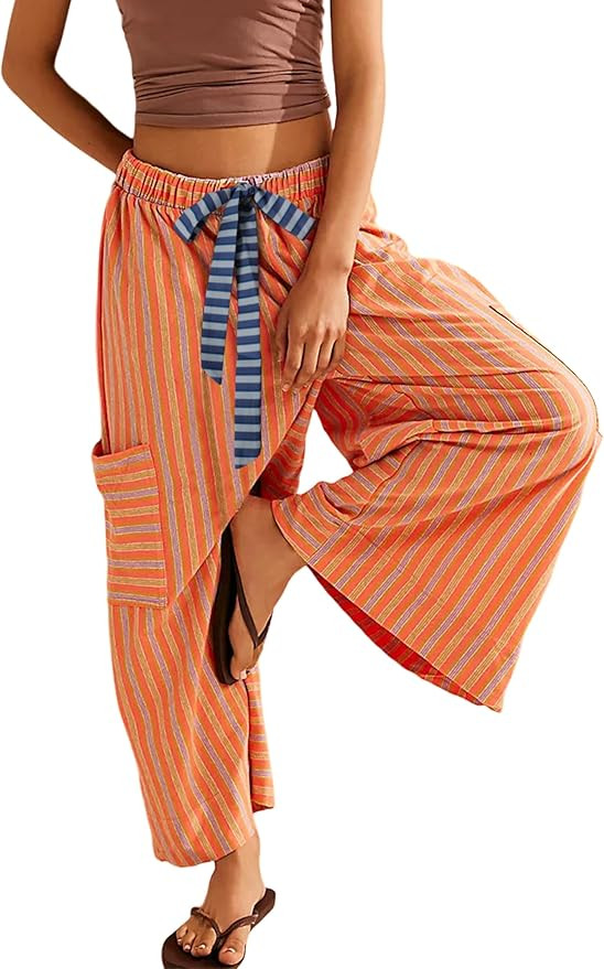 Bankeng Women Drawstring Striped Pants Loose Wide Leg Lounge Pants Casual Palazzo Pants Trousers ... | Amazon (US)