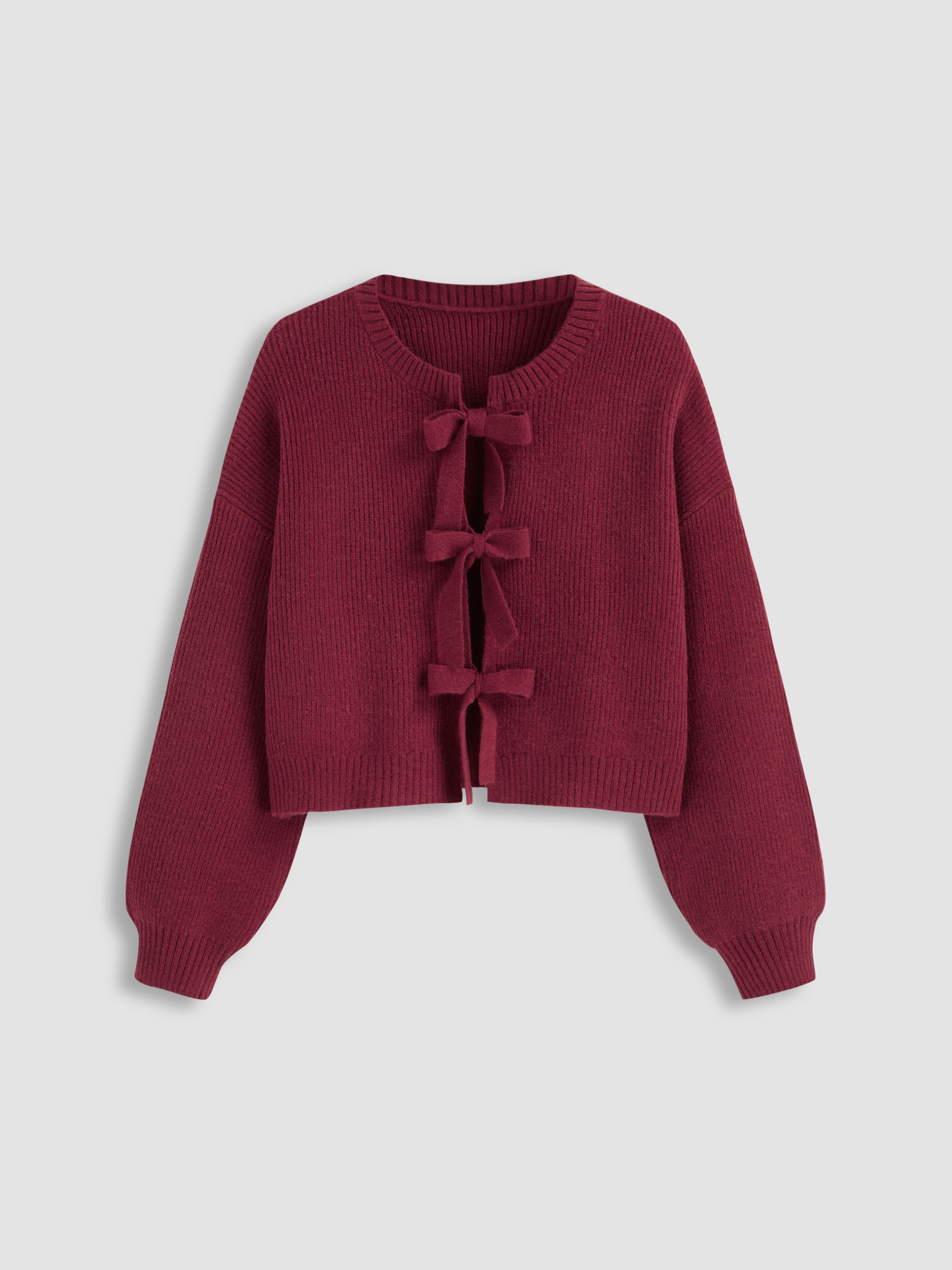 Bow Tie Cardigan Knit Fabric Knit Round Neckline Solid Tie Front Cardigan Curve & Plus For School | Cider