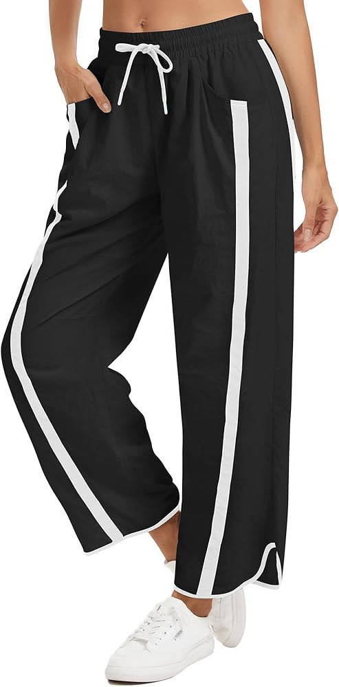 Women's Wide Leg Track Pants Baggy Drawstring High Rise Side Striped Casual Lightweight Parachute... | Amazon (US)