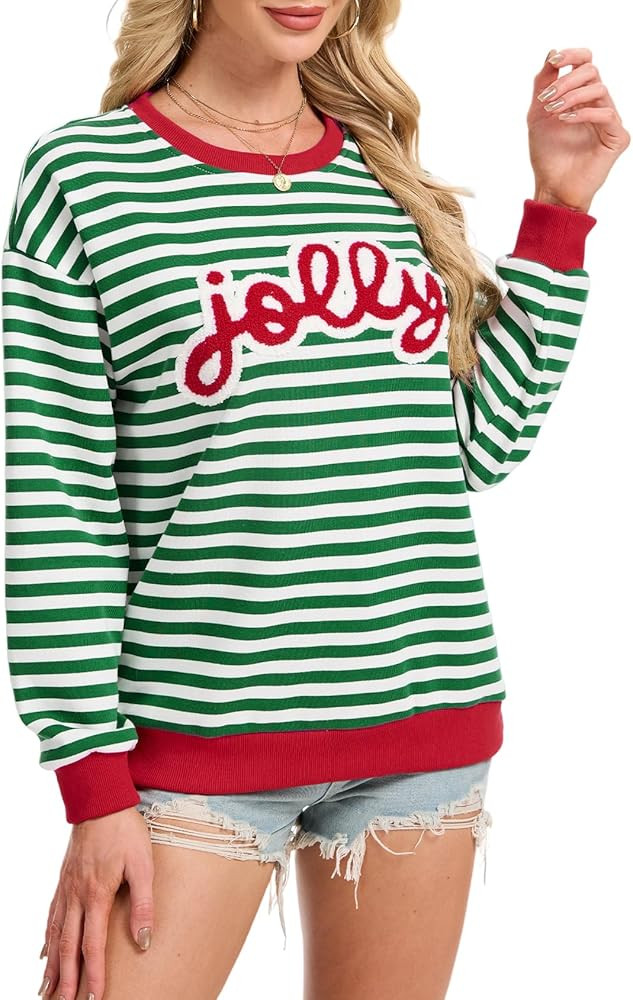 Gihuo Women's Striped Christmas Sweatshirt Patch Merry Jolly Letter Chenille Oversized Crewneck S... | Amazon (US)