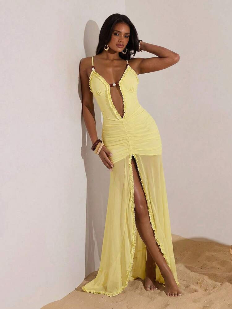 Opulessa Vacation Knit Mesh Printed Maxi Slip Dress For Women, Yellow Maxi Dress Women, Summer Sp... | SHEIN