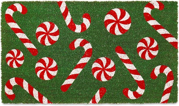 Whaline Christmas Door Mat Natural Coir Welcome Floor Mat Green Xmas Candy Cane Rectangle Entranc... | Amazon (US)