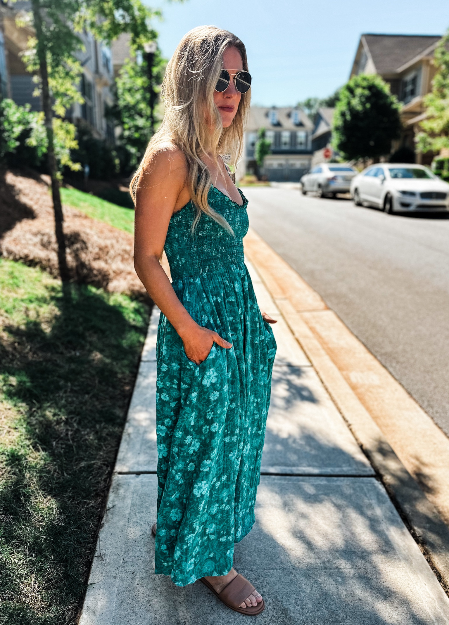 green and white maxi dress with sleeves Isn't She Something Cotton Green Tropical Palm Print Maxi Dress main image 1
