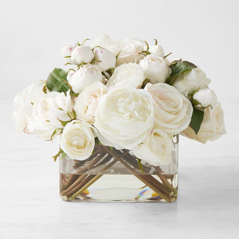 Faux White Rose Arrangement in Square Vase | Williams-Sonoma