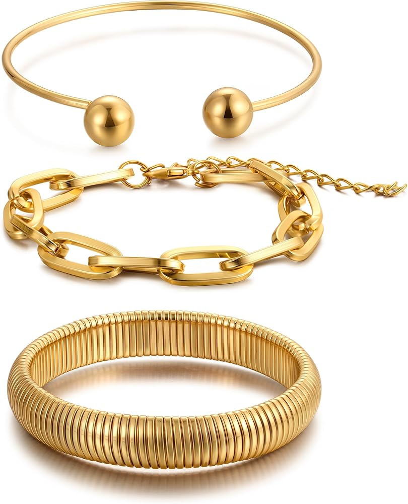 Chunky Gold Bangle Bracelets for Women, Dainty 14k Gold Plated Big Stackable Bangles Set, Trendy ... | Amazon (US)