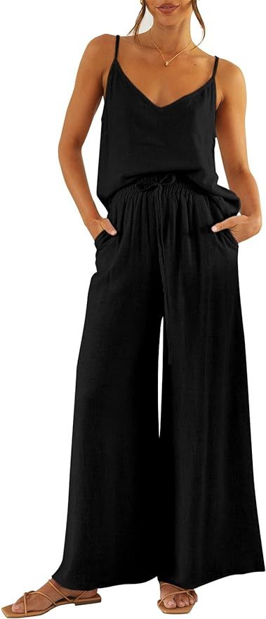 Imily Bela Womens 2 Piece Outfit Set Spaghetti Strap V Neck Cami Top with Wide Leg Pants Casual P... | Amazon (US)