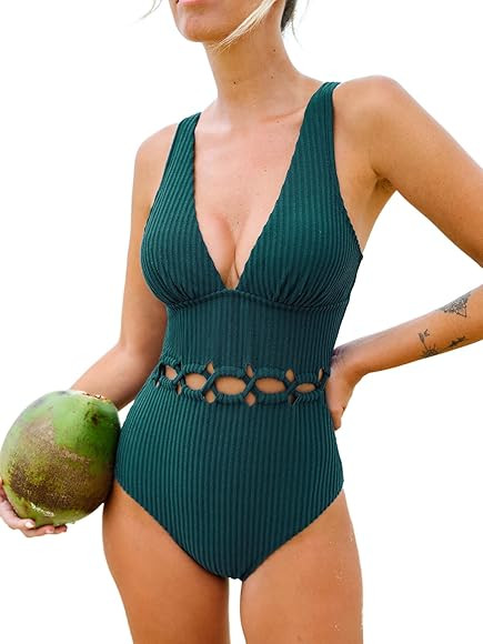 CUPSHE Women Swimsuit One Piece Deep V Neck Ribbed Texture Cutout Front Bathing Suit with Adjustable | Amazon (US)
