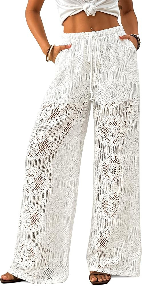 Bsubseach Women Crochet Beach Cover Up Pants Sheer Wide Leg Drawstring Summer Swimsuit Coverup Lo... | Amazon (US)