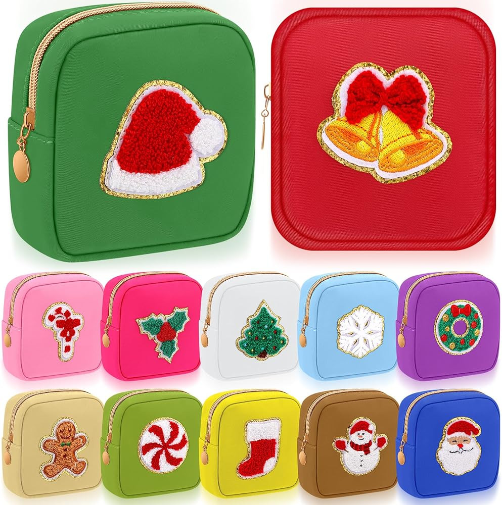 Abbylike 12 PS Christmas Preppy Patch Makeup Bags Bulk Small Nylon Holiday Makeup Bag Skincare Po... | Amazon (US)