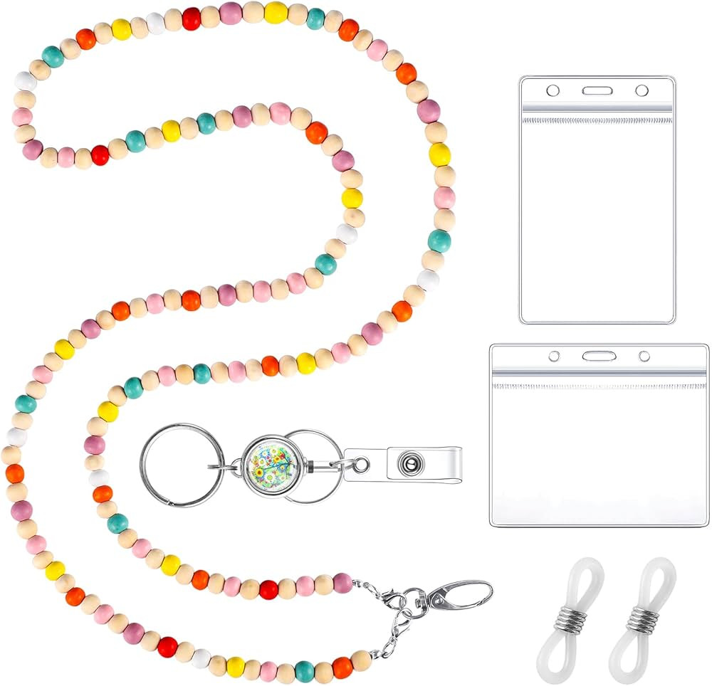Beaded Lanyard for ID Badges Wooden Teacher Lanyard with ID Holder for Eyeglasses Chains Badge La... | Amazon (US)