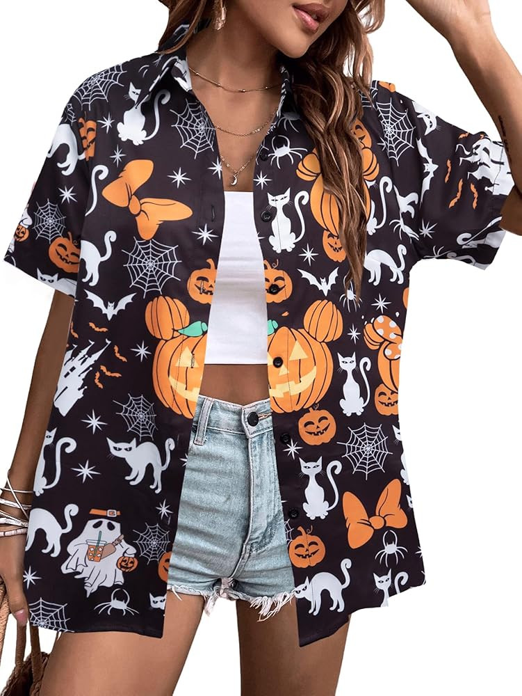 Womens Halloween Hawaiian Shirt Cute Pumpkin Spooky Castle Graphic Short Sleeve Button Up T-Shirt... | Amazon (US)