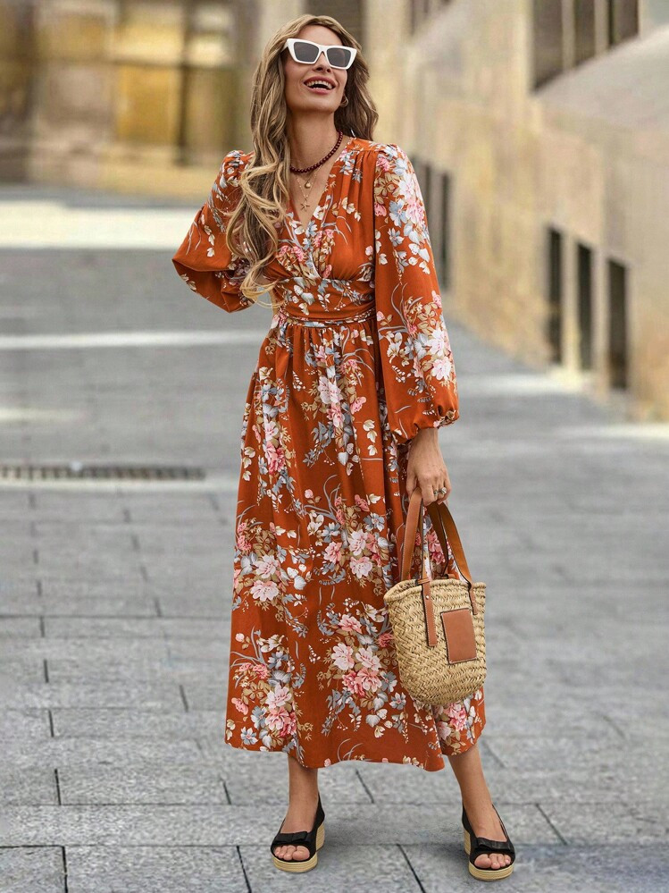 Solivie Women's Elegant Long Sleeve Dress With Slit And Lantern Sleeves, Autumn Long Sleeve Flora... | SHEIN