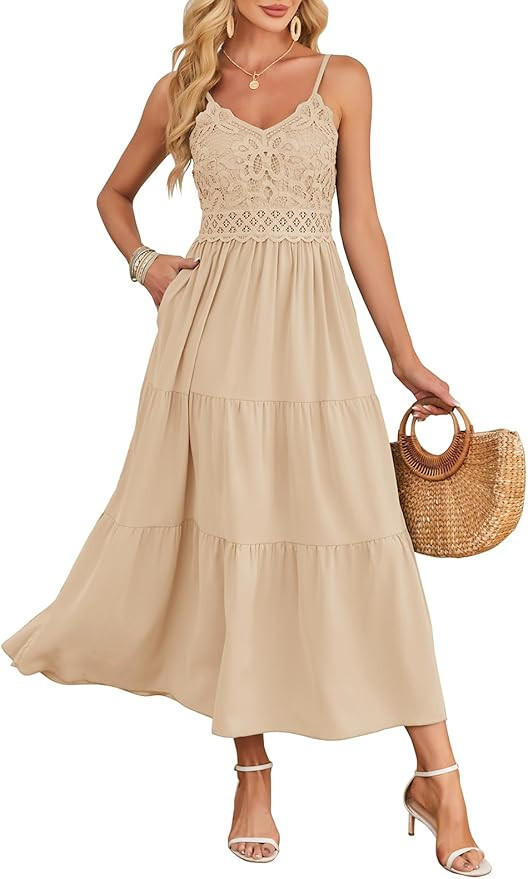 Dokuritu Women's Beach Crochet Lace Maxi Dress Solid Color Summer Vacation Spaghetti Strap Long D... | Amazon (US)
