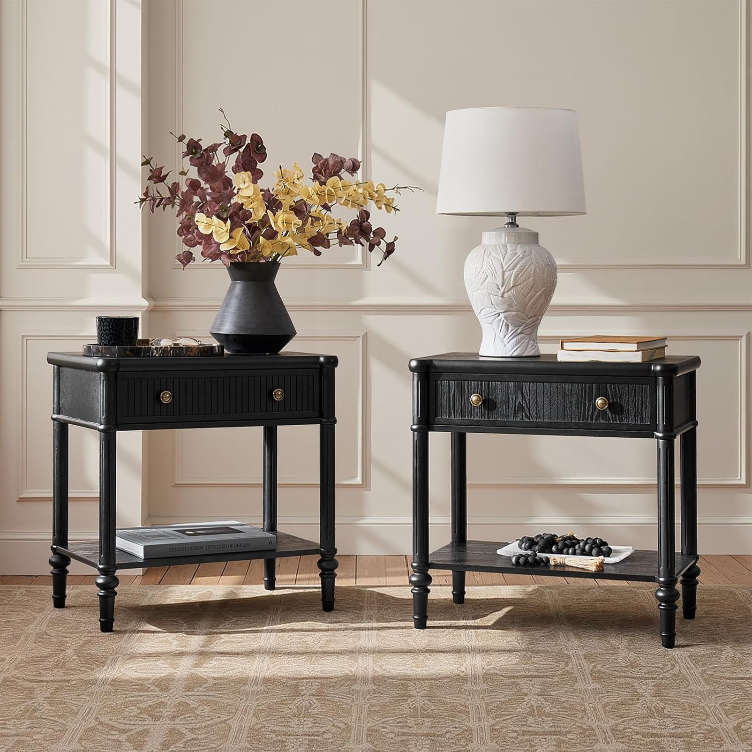 HULALA HOME Traditional End Table Set of 2 with Open Shelf, Fluted Nightstand with Charging Stati... | Amazon (US)