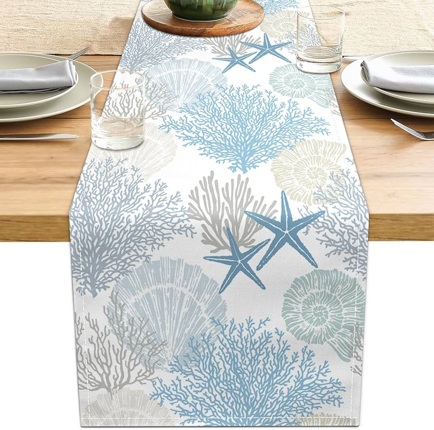 Linen Coastal Table Runner 13x71 Inch Blue Teal Summer Beach Nautical Table Runners Modern Kitche... | Amazon (US)