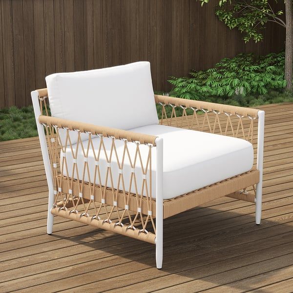 Ropipe Woven Rope Outdoor Armchair Accent Chair with White Polyester Cushion | Homary
