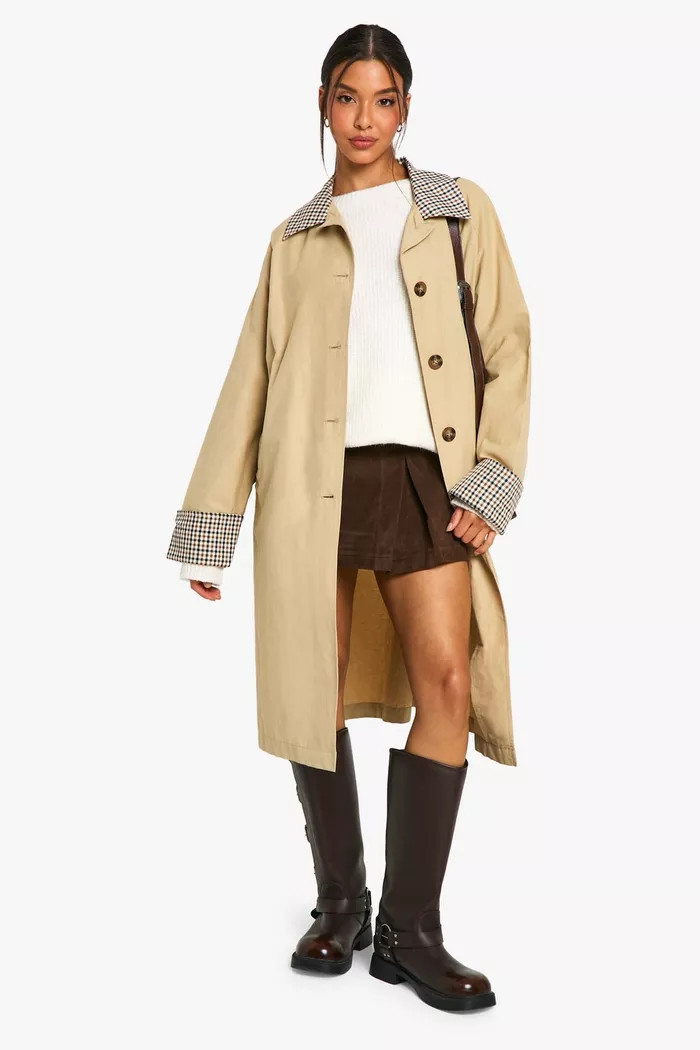 Check Collar Trench Coat | Boohoo.com (UK & IE)