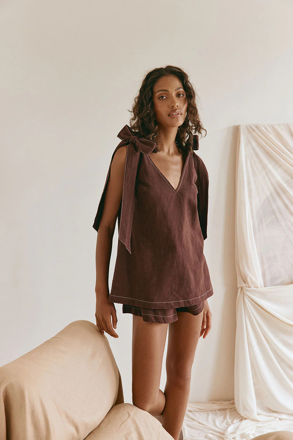 Chocolate Brown Bow V Neck Elixir Top | Sabo Skirt US