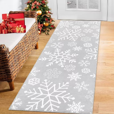 Washable 2x10 Grey Christmas Runner Rug, Non-Slip Snowflake Carpet for Kitchen Hallway Entryway, Low Pile Xmas Bathroom Rug for Bedroom Decor | Target
