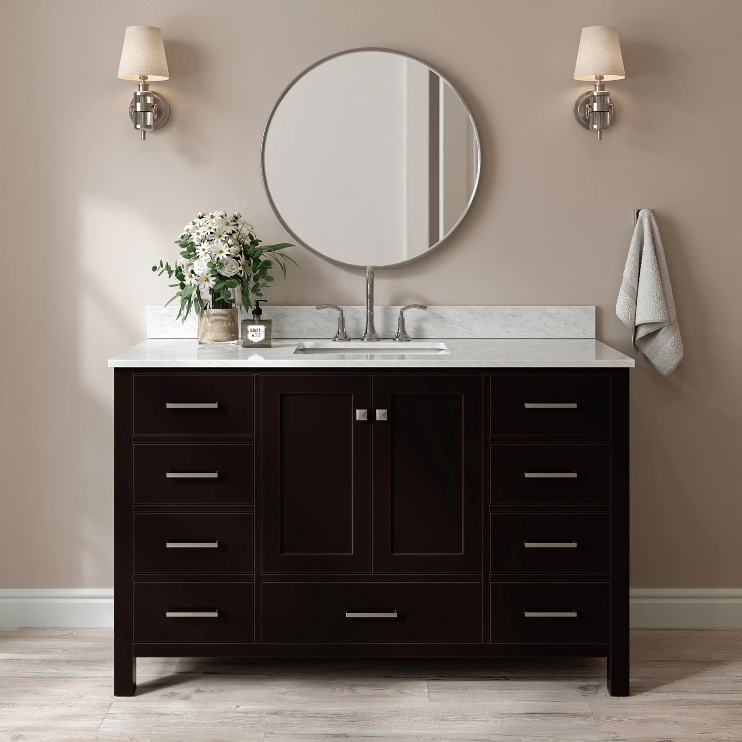 ARIEL Cambridge 54-in Espresso Undermount Single Sink Bathroom Vanity with 0.75" Carrara White Marble Marble Top one_size in Brown | A055SCW2RVOESP | Lowe's