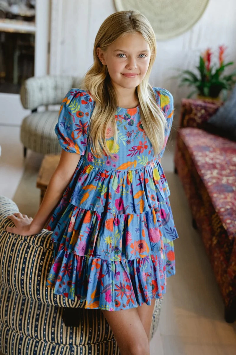 Girls Goldie Dress - Blue Botanical | Briton Court | Briton Court