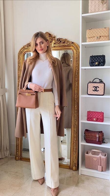 Classic and elegant fall outfit
Tailored fall outfit 
White turtleneck 
White wide leg trousers 
Camel beige coat 

#LTKSeasonal #LTKfit #LTKeurope