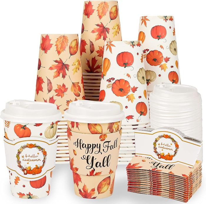 50 Pack 12 oz Fall Paper Cups with Lids & Sleeves, Pumpkin Leaves | Amazon (US)