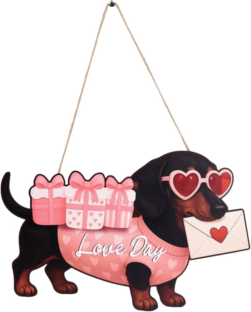 Valentine Dachshund Door Hanger, Wooden Sweet Dog Front Door Sign Decorative Dachshund Hanging Or... | Amazon (US)