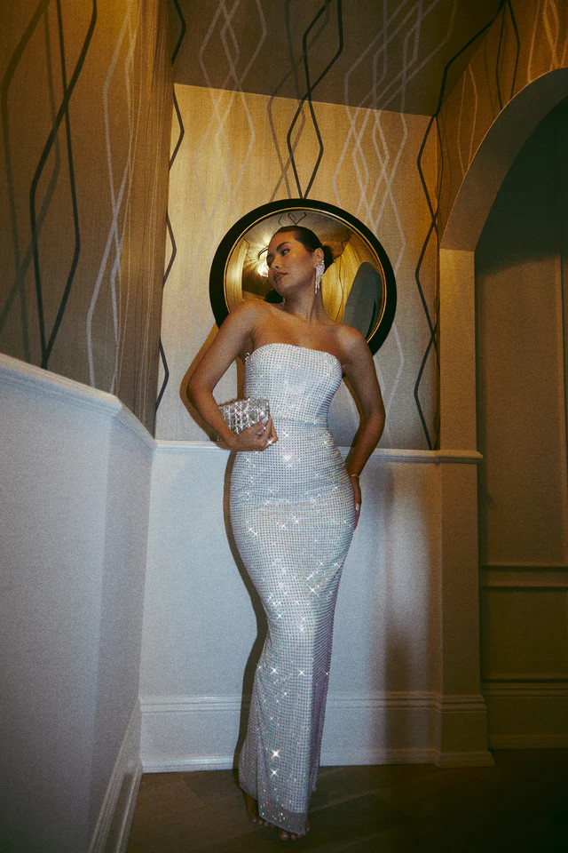 Miss Lola | Emely White Embellished Strapless Maxi Dress | MISS LOLA