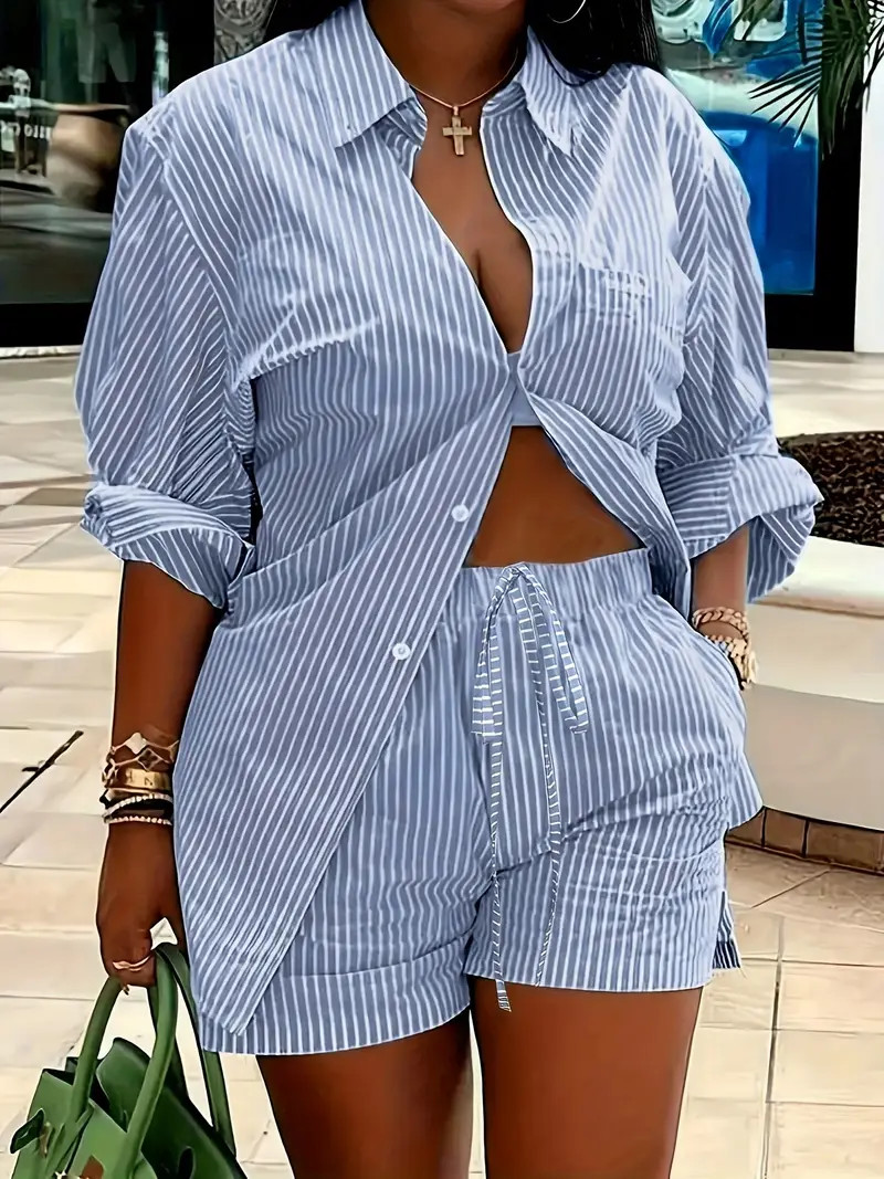 Plus Size Casual Outfits Set, Women's Plus Stripe Long Sleeve Shirt & Shorts Outfits Two Piece Se... | Temu Affiliate Program