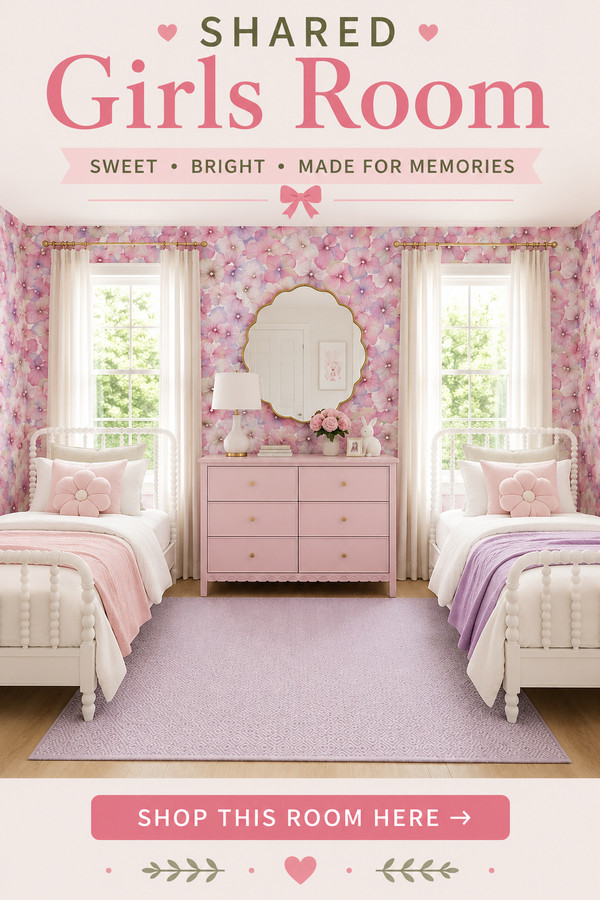 Design the sweetest shared girls bedroom with dreamy floral wallpaper, matching white bobbin beds, a blush pink dresser,
