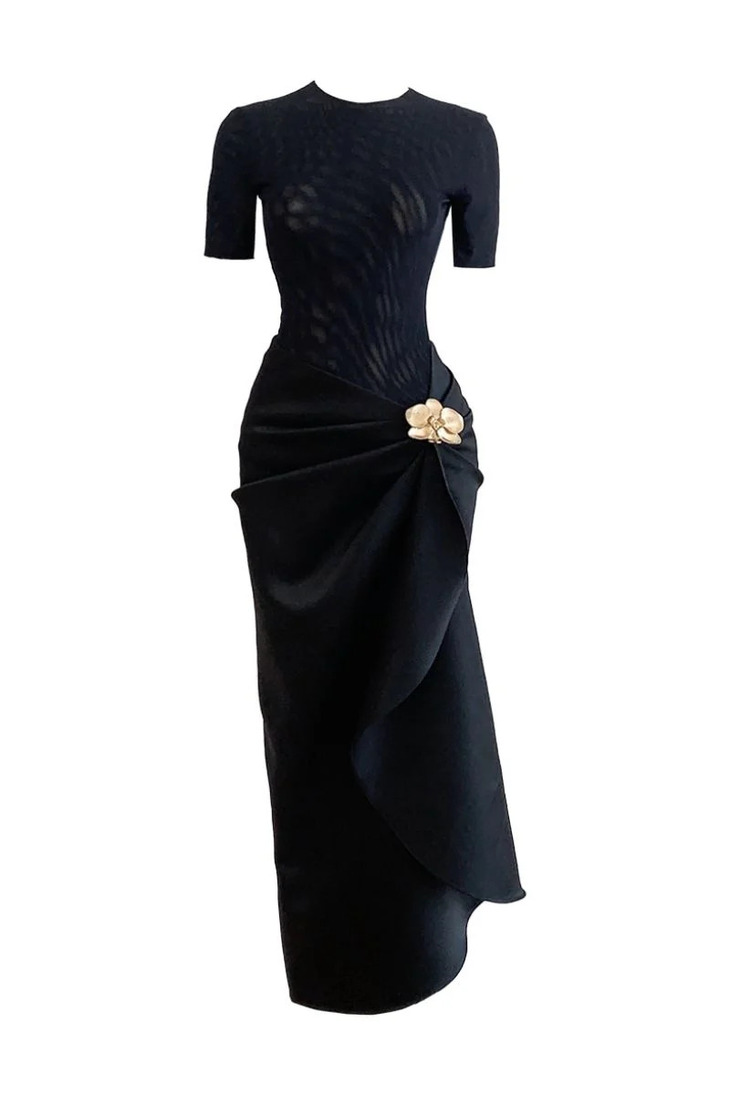 BLACK ORCHID STYLIZED WAIST-DIPPED SILK MIDI DRESS | Do Long | CULT MIA | CULT MIA UK LTD