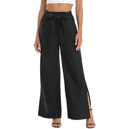 QILINXUAN Women s Cotton Linen Wide Leg Pants Side Split Casual Loose Trousers with Belt and Pockets | Walmart (US)