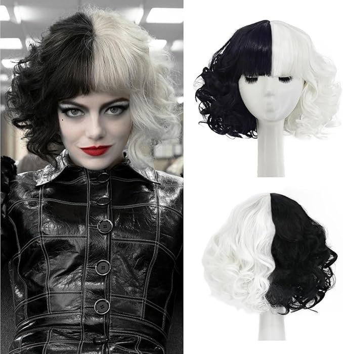 Black and White Wigs for Cruella Costume Women Short Curly Wavy Hair Wig with Wig Caps Cute Synth... | Amazon (US)