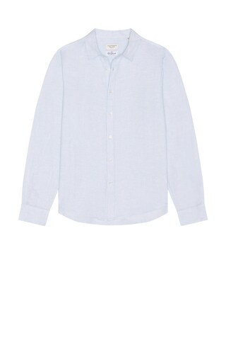 Club Monaco Slim Italian Linen Stripe Shirt in Light Blue Stripe - Baby Blue. Size S (also in L, M). | FWRD 