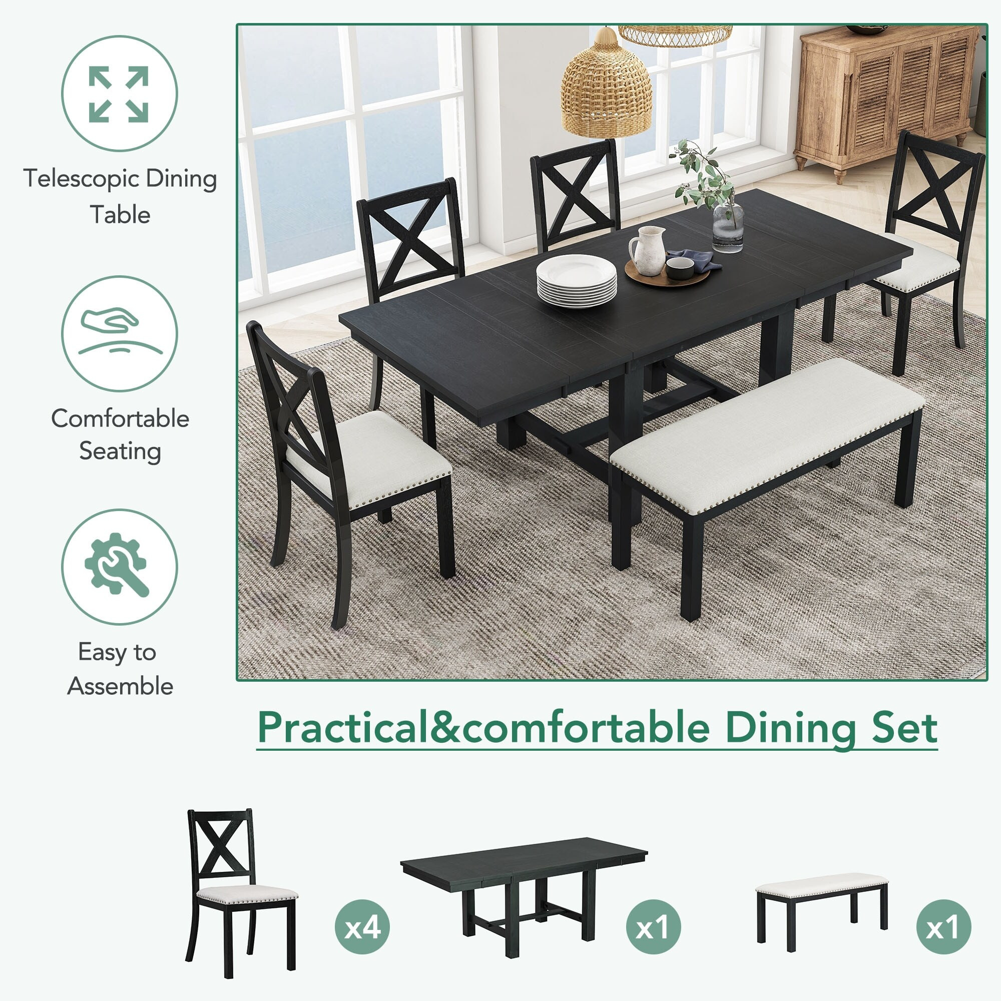 Farmhouse 6-Piece Dining Set Extendable Dining Table with 4 Upholstered Dining Chairs and Bench, Two 11"Removable Leaf, Black | Bed Bath & Beyond