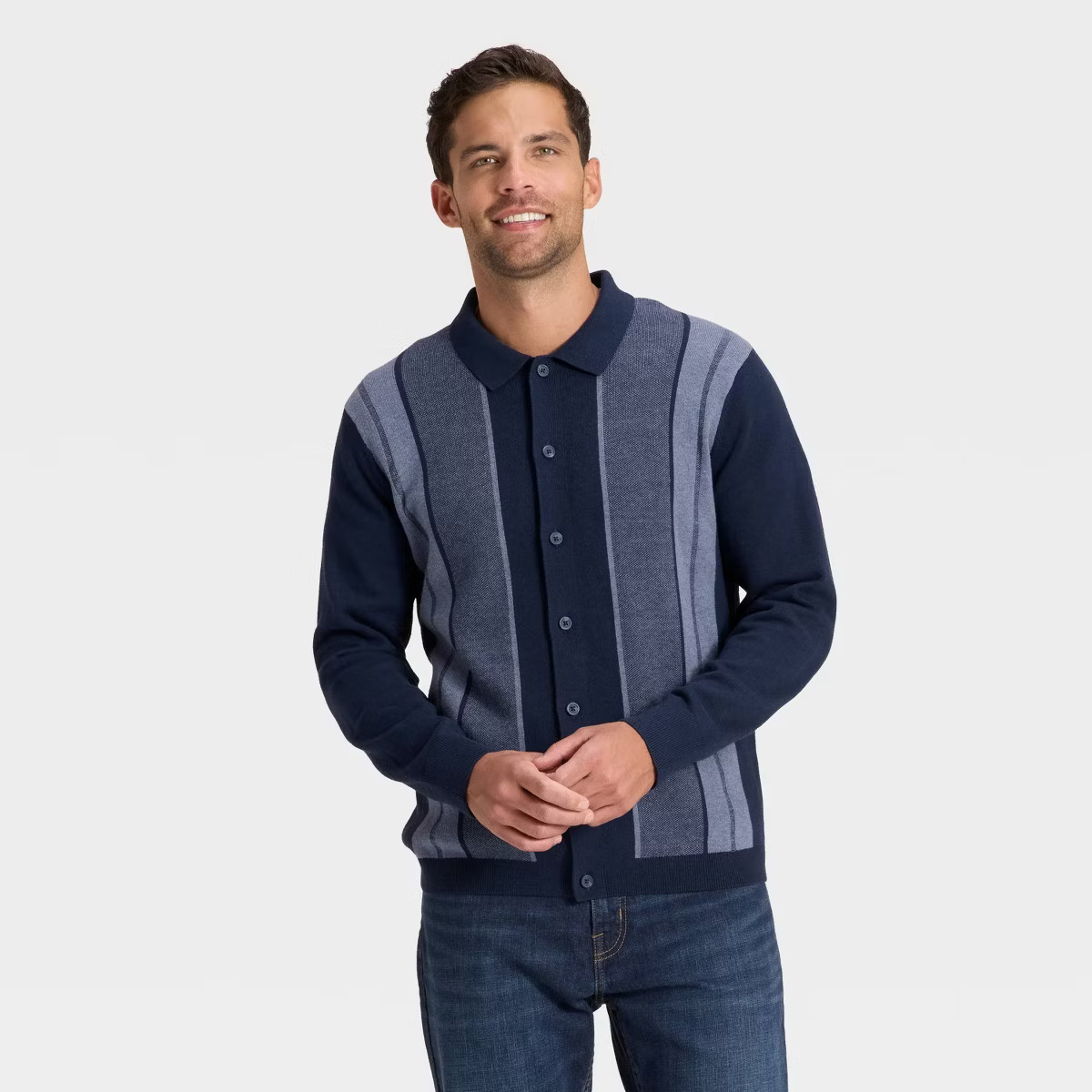 Men's Long Sleeve Jacquard Full Button Polo Sweater - Goodfellow & Co™ Blue | Target