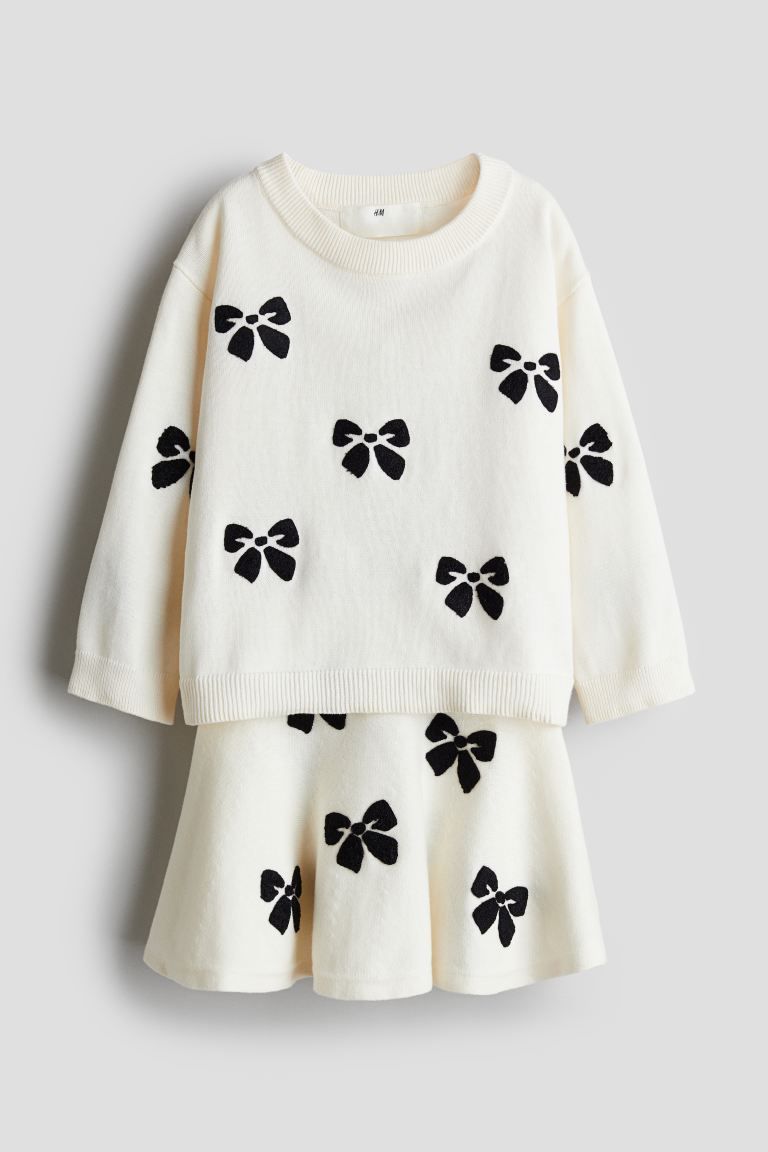 2-piece Fine-knit Cotton Set - Regular waist - Round Neck - Cream/bows - Kids | H&M US | H&M (US + CA)