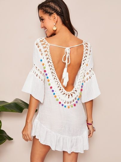 SHEIN Tassel Tie Back Pompom Detail Crochet Insert Cover Up | SHEIN