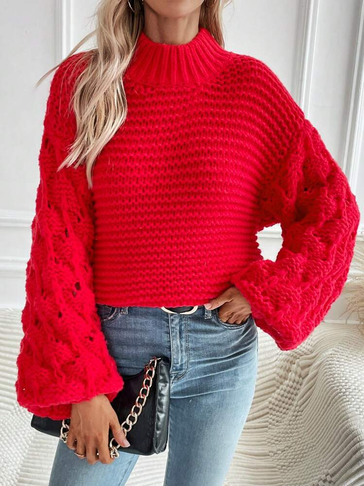 SHEIN LUNE Mock Neck Drop Shoulder Lantern Sleeve Sweater | SHEIN