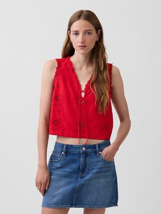 Linen-Blend Embroidered Crop Shell Tank Top | Gap (US)