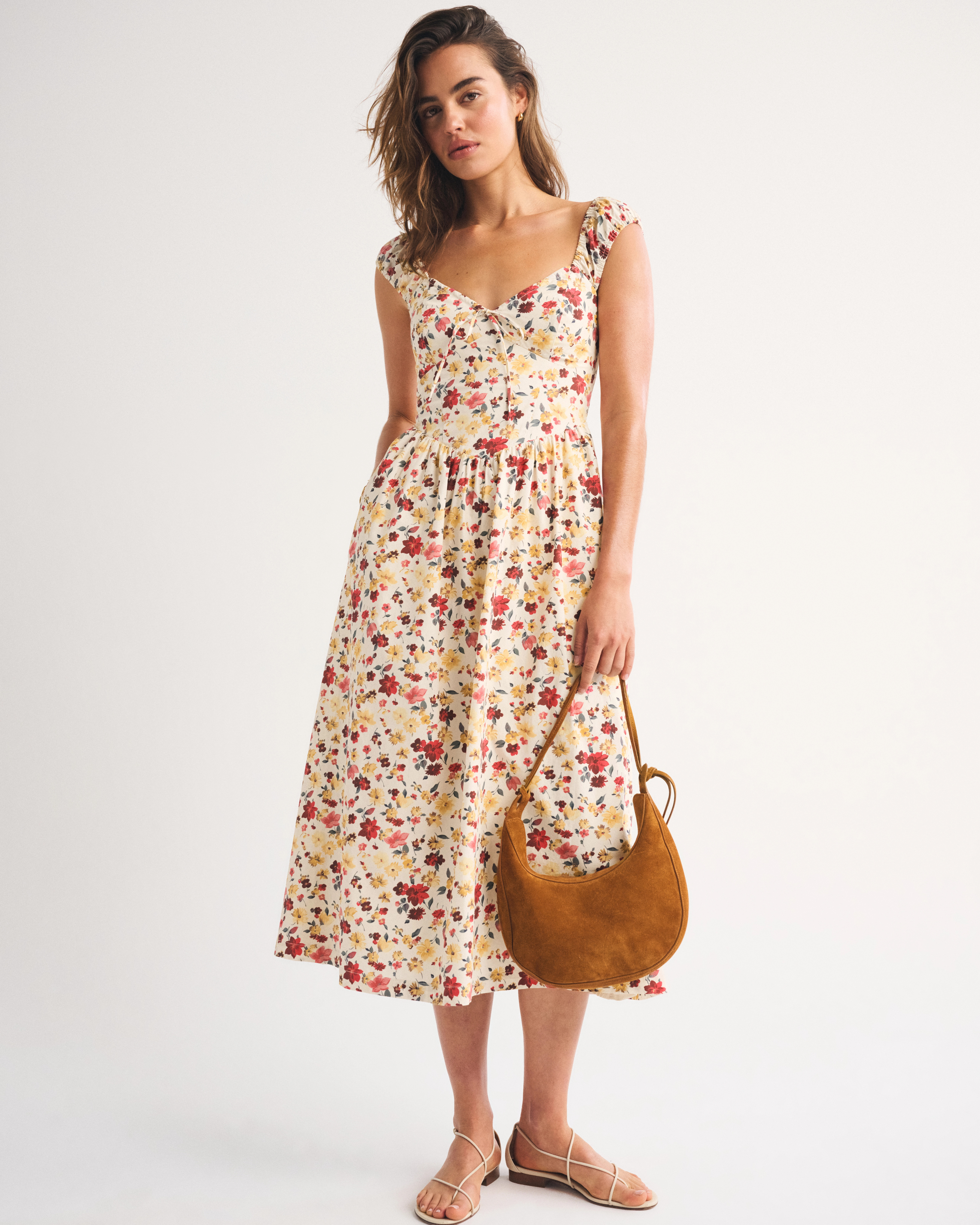 Bra-Free Cap Sleeve Dipped Waist Midi Dress | Abercrombie & Fitch (US)